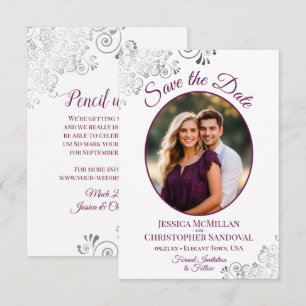 Frilly Silver & Magenta on White Photo Wedding Save The Date