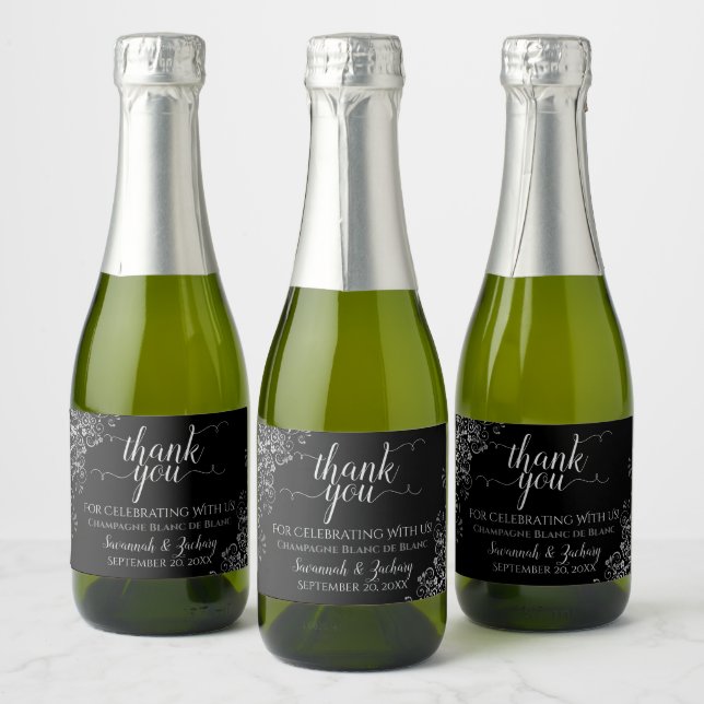 Frilly Silver on Black Wedding Thank You Mini Sparkling Wine Label (Bottles)