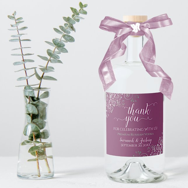 Frilly Silver on Cassis Purple Wedding Thank You Liquor Bottle Label (In Situ with Plant and Bow)