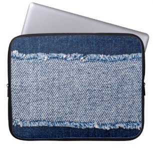Fringed denim blue jeans frame. laptop sleeve