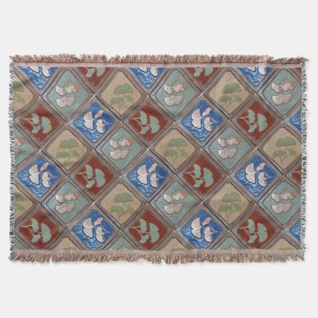 Fringed Throw blanket with craftsman gingko print (Front)