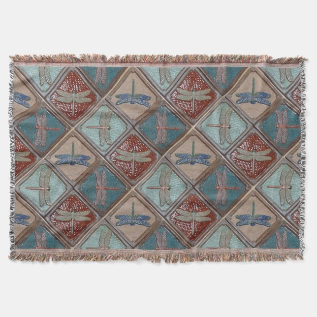 Fringed Throw blanket with Dragonfly print (Front)