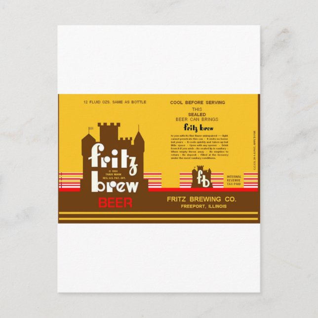 FRITZ BREW CONE TOP BEER CAN DESIGN FREEPORT ILL POSTCARD (Front)