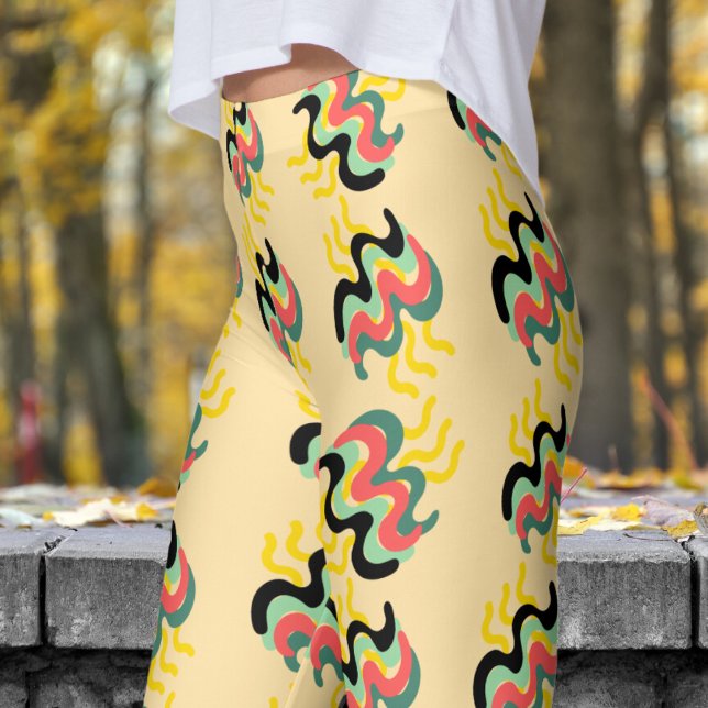 Frivolous Yellow Beige Finger Paint Pattern Leggings (Finger Paint on Beige Leggings)
