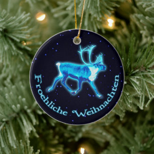 Froehliche Weihnachten - Blue Caribou (Reindeer) Ceramic Ornament