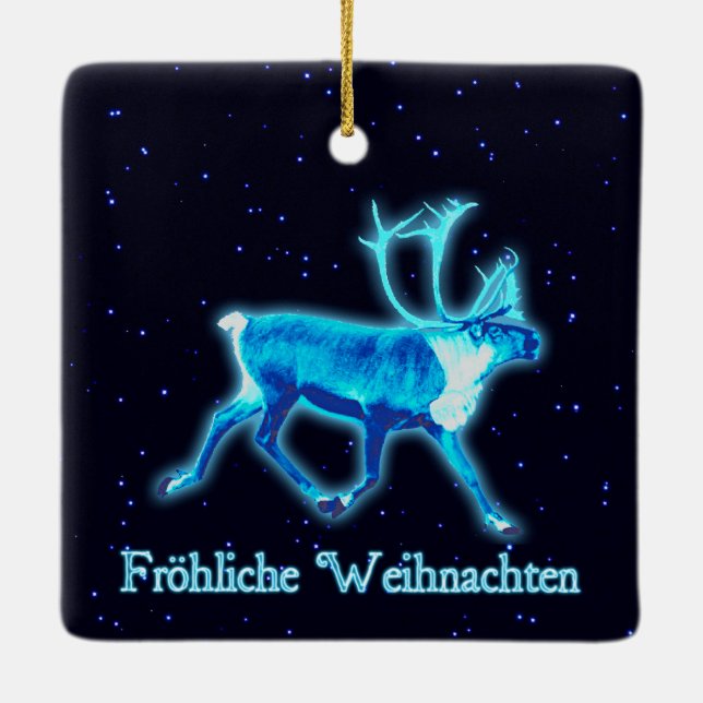 Froehliche Weihnachten - Blue Caribou (Reindeer) Ceramic Tree Decoration (Back)