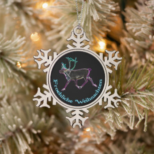 Froehliche Weihnachten - Electric Caribou Snowflake Pewter Christmas Ornament