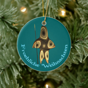 Froehliche Weihnachten - Fractal Inuit Hunter Ceramic Tree Decoration