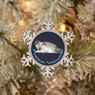Froehliche Weihnachten - Ringed Seal Snowflake Pewter Christmas Ornament