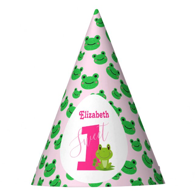 Frog 1st Birthday party one year old girl supplies Party Hat (Front)
