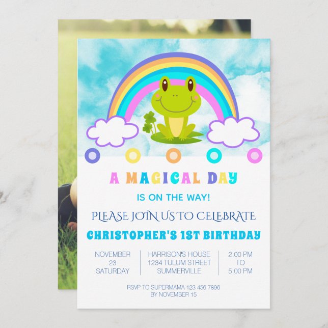 Frog 1st Birthday party Retro Rainbow Invitation (Front/Back)