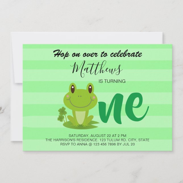 Frog 1st birthday party stripes Invitation (Front)