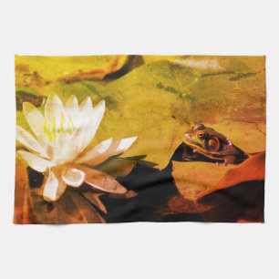 Frog Admiring Water Lily Abstract Distressed Tea Towel
