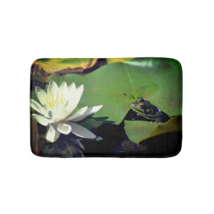 Frog Admiring Water Lily Lotus Flower Bath Mat