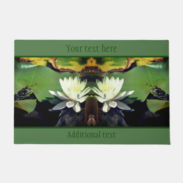 Frog Admiring Water Lily Lotus Flower Personalised Doormat (Front)