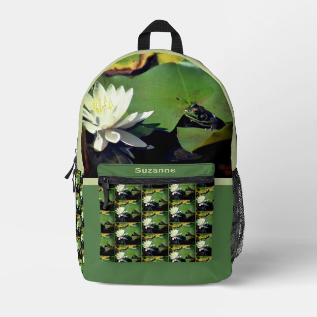 Frog Admiring Water Lily Personalised Printed Backpack (Front)