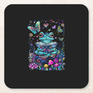 Frog Aesthetic Cottagecore Goblincore Reading Square Paper Coaster