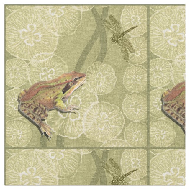 Frog and Dragonfly on Water Lilies Fabric (Close Up)