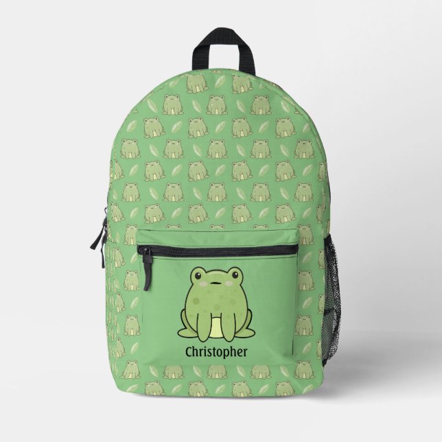Frog And Leaf Pattern Custom Name Printed Backpack (Front)