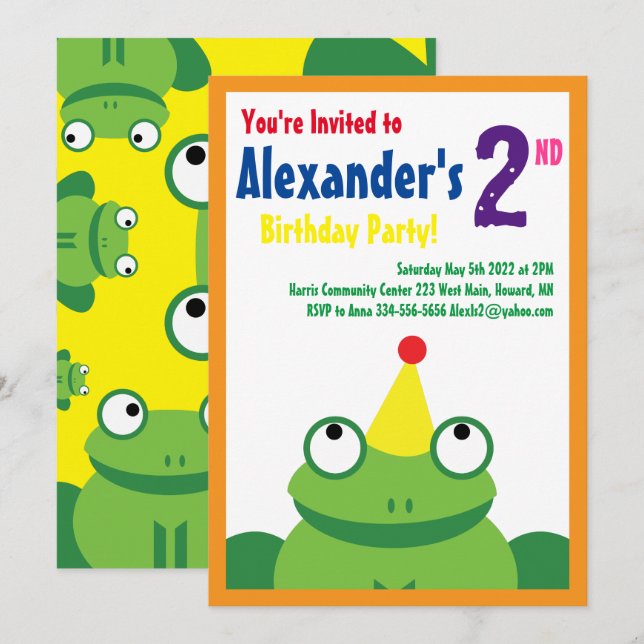 Frog Animal Kid's Birthday Party Invitations (Front/Back)