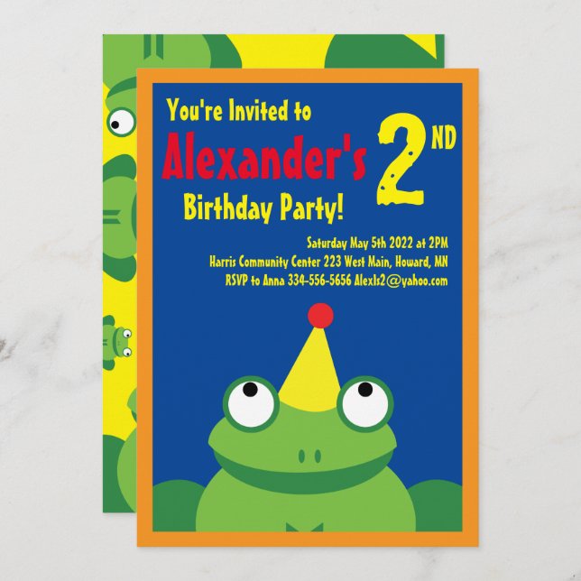 Frog Animal Kid's Birthday Party Invitations (Front/Back)