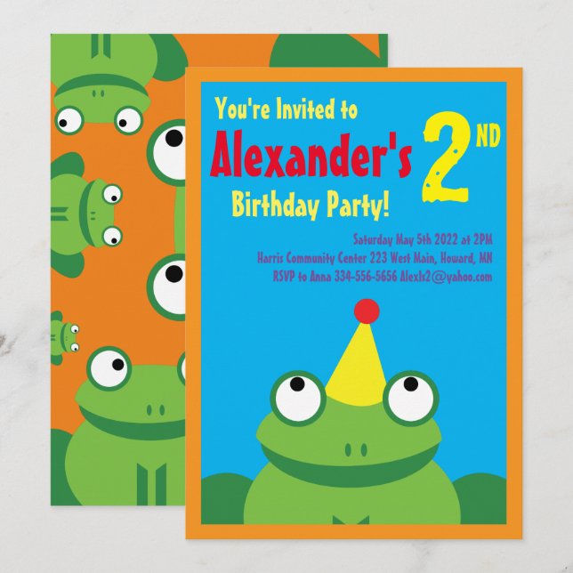 Frog Animal Kid's Birthday Party Invitations (Front/Back)