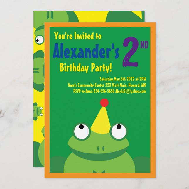 Frog Animal Kid's Birthday Party Invitations (Front/Back)