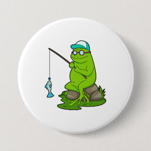 Frog as Fisher with Fishing rod & Fish 7.5 Cm Round Badge