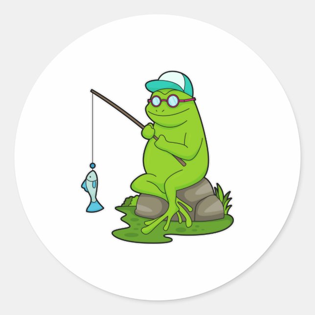 Frog as Fisher with Fishing rod & Fish Classic Round Sticker (Front)