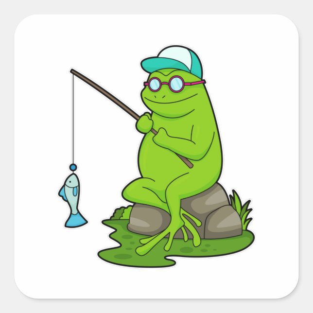 Frog as Fisher with Fishing rod & Fish Square Sticker (Front)