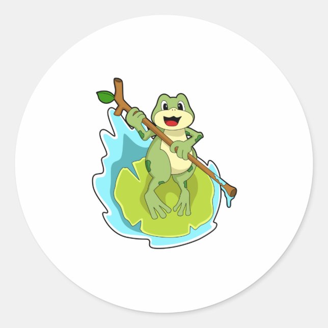 Frog as Hiker with Stick Classic Round Sticker (Front)