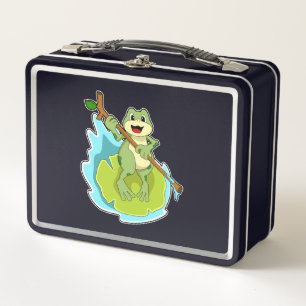 Frog as Hiker with Stick Metal Lunch Box