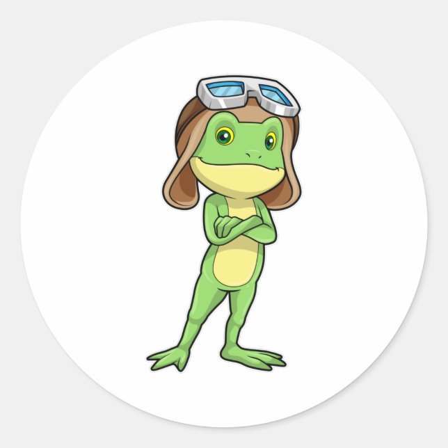 Frog as Pilot with Hat & Glasses Classic Round Sticker (Front)
