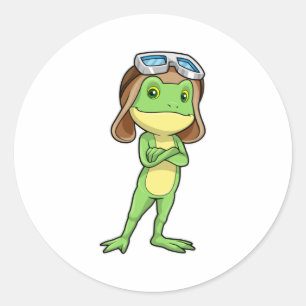 Frog as Pilot with Hat & Glasses Classic Round Sticker