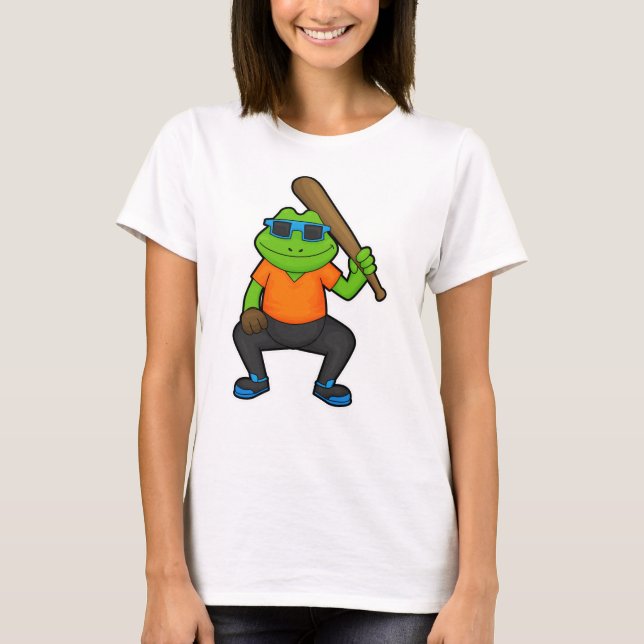 Frog at Baseball with Baseball bat & Sunglasses T-Shirt (Front)
