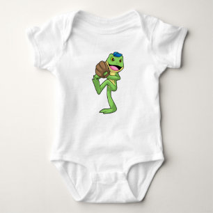 Frog at Baseball with Gloves Baby Bodysuit