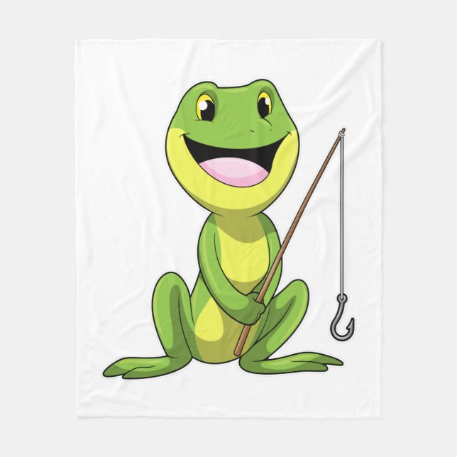 Frog at Fishing with Fishing rod Fleece Blanket (Front)