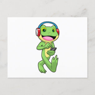 Frog at Music with Headphone Postcard