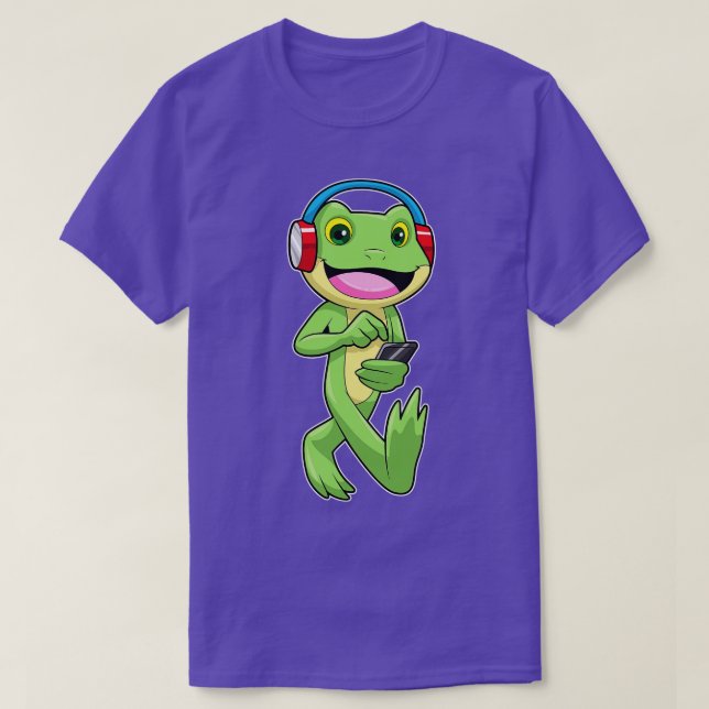 Frog at Music with Headphone T-Shirt (Design Front)