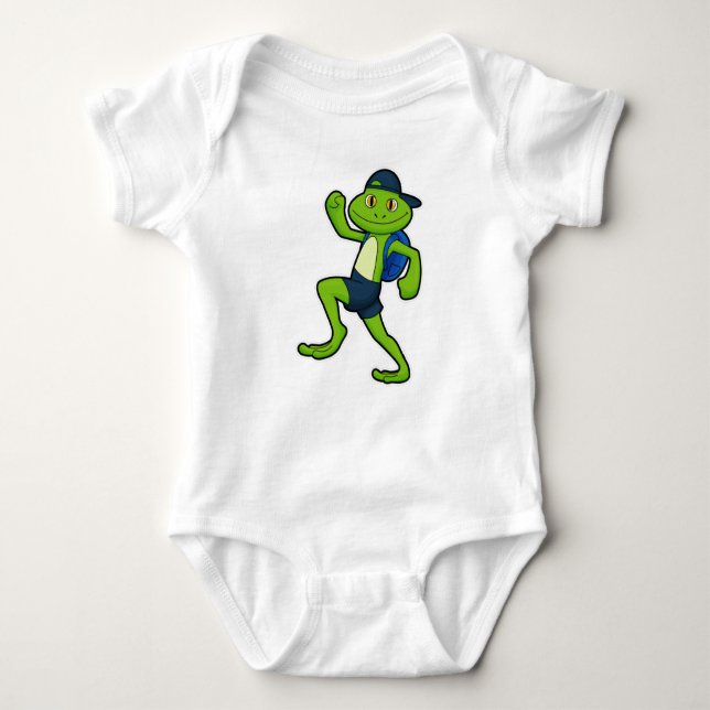 Frog at Running with Backpack & Hat Baby Bodysuit (Front)