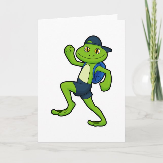 Frog at Running with Backpack & Hat Card (Front)