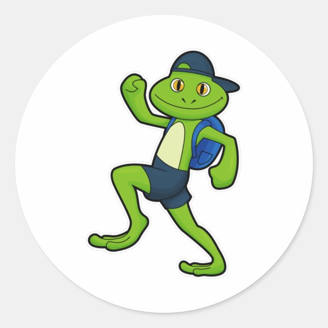 Frog at Running with Backpack & Hat Classic Round Sticker (Front)
