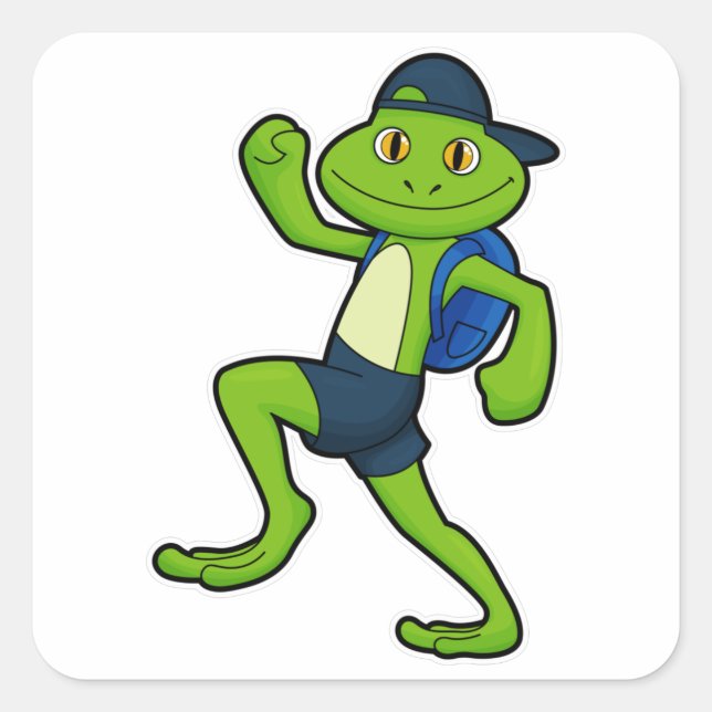 Frog at Running with Backpack & Hat Square Sticker (Front)