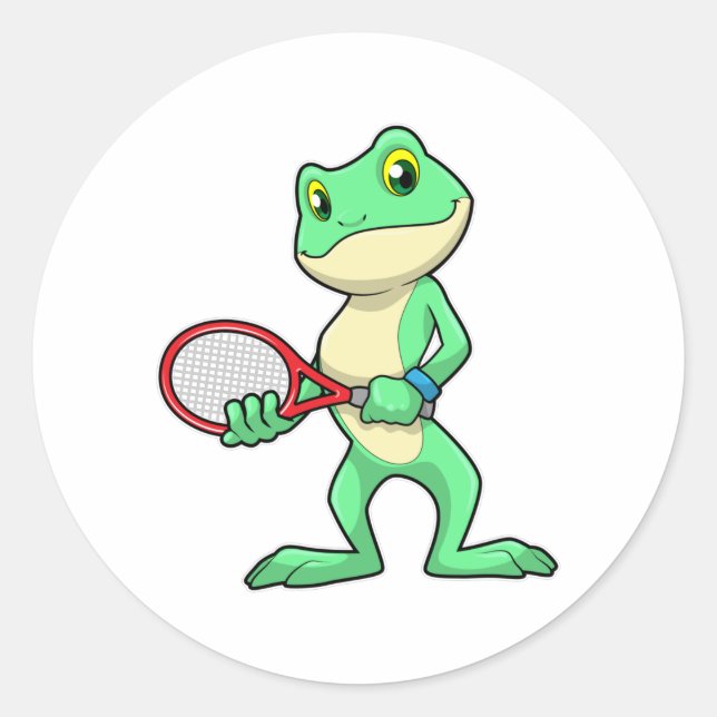 Frog at Tennis with Tennis racket Classic Round Sticker (Front)