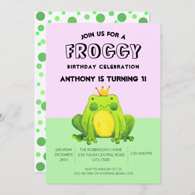 Frog baby 1st birthday green confetti personalised invitation (Front/Back)