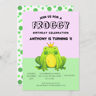Frog baby 1st birthday green confetti personalised invitation