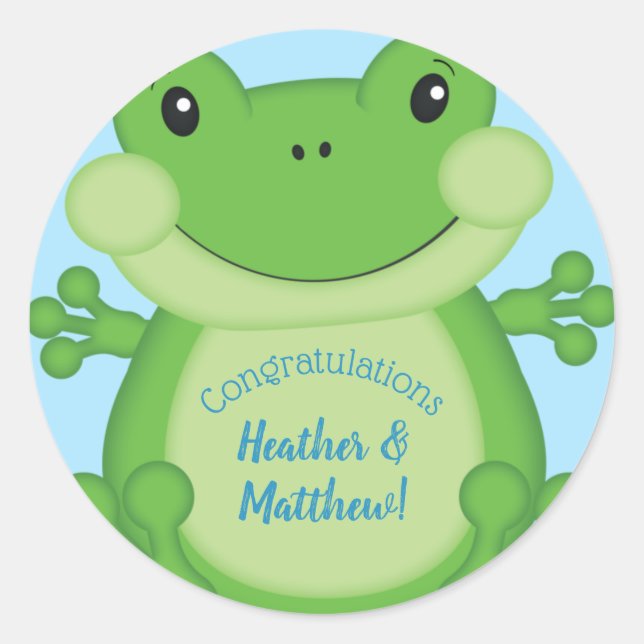 Frog Baby Shower Blue Classic Round Sticker (Front)