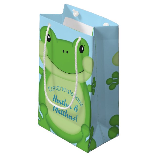 Frog Baby Shower Blue Small Gift Bag (Front Angled)