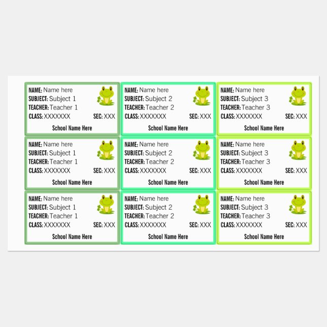 Frog Back to school labels name teacher subject (Sheet)