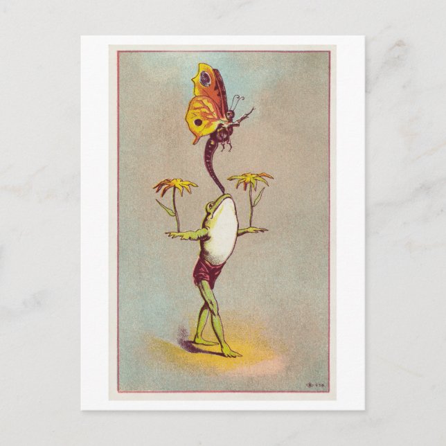 Frog Balancing Flowers and Butterfly Vintage Postcard (Front)